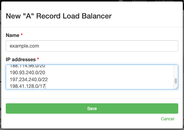 Creating a new A record load balancer in DNS Check with Cloudflare IP ranges