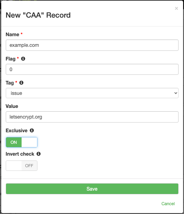 DNS Check form for adding a new monitored CAA record, showing the Name, Flag, Tag, and Value fields with an example issue record for letsencrypt.org