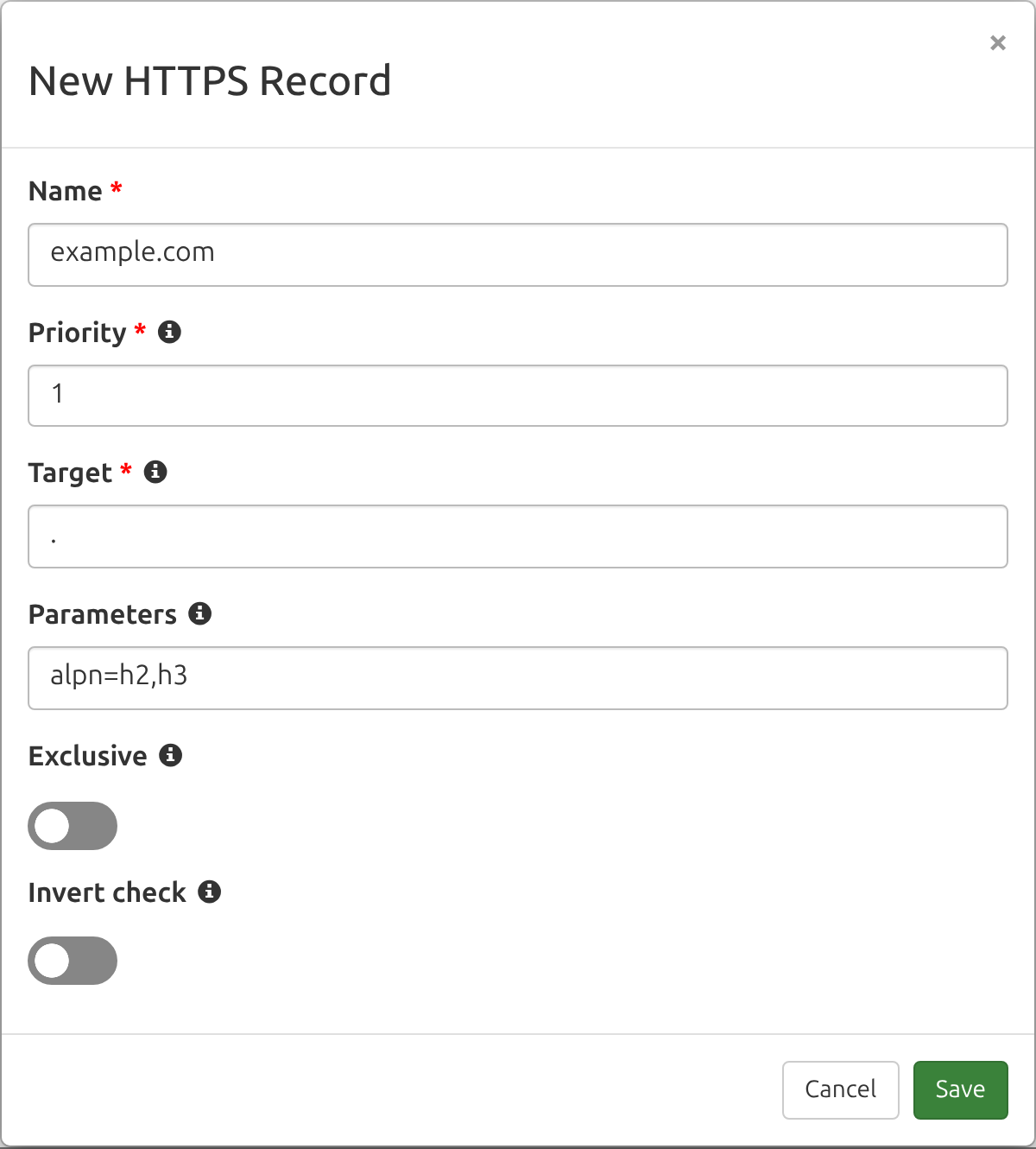 DNS Check form for adding a new monitored HTTPS record, showing the Name, Priority, Target, and Parameters fields with an example record advertising HTTP/2 and HTTP/3