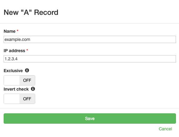 Form showing fields for adding an individual monitored DNS record including Name, Value, Exclusive, and Invert check options