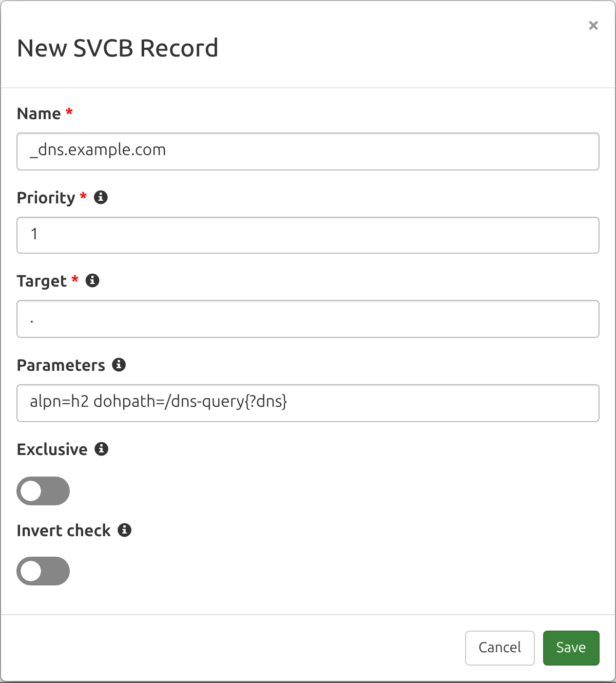 DNS Check form for adding a new monitored SVCB record, showing the Name, Priority, Target, and Parameters fields with an example DNS-over-HTTPS record