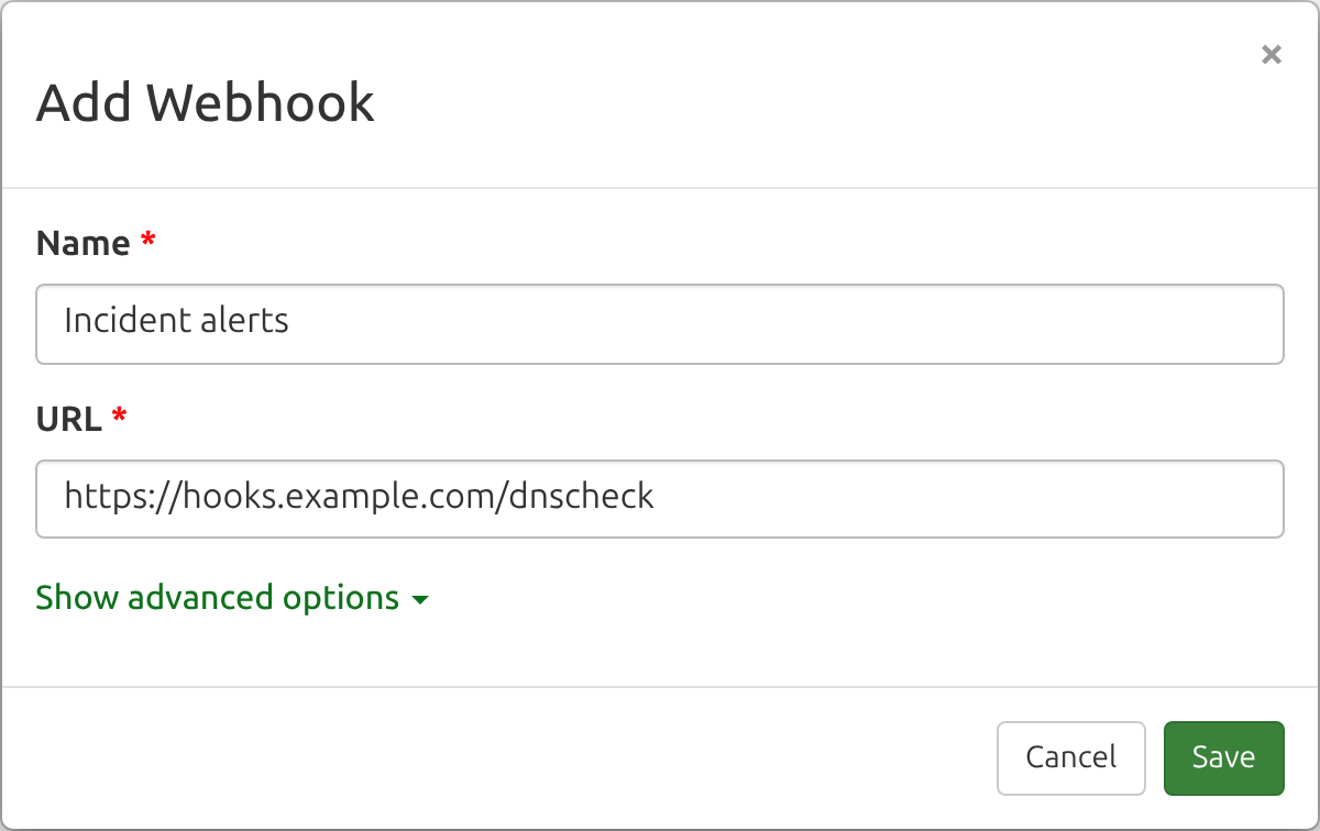 The Add Webhook form, with fields for the webhook's name and the URL that receives deliveries, and a Show advanced options link