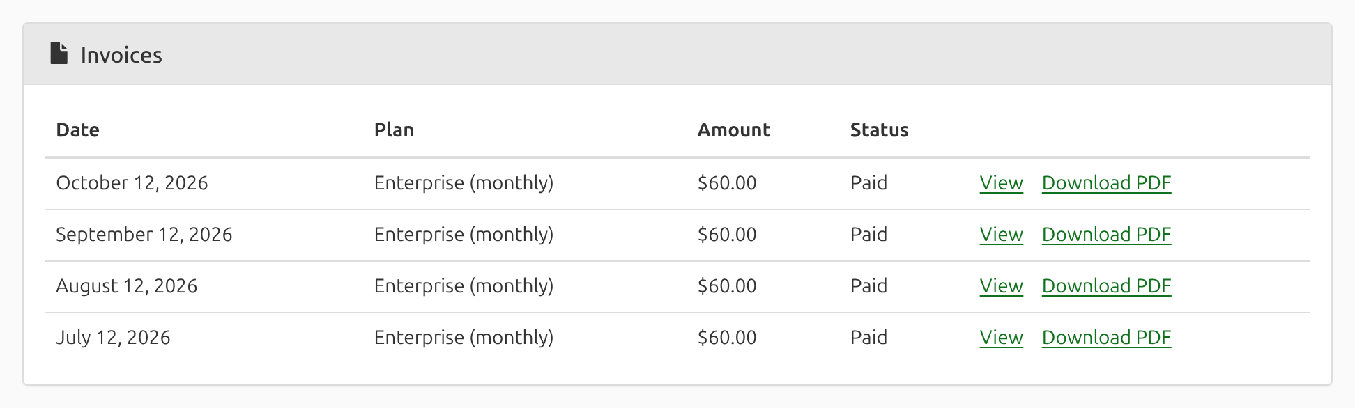 Screenshot of the Invoices panel listing four paid Enterprise (monthly) invoices of $60.00, from July 12 to October 12, 2026, each with View and Download PDF links