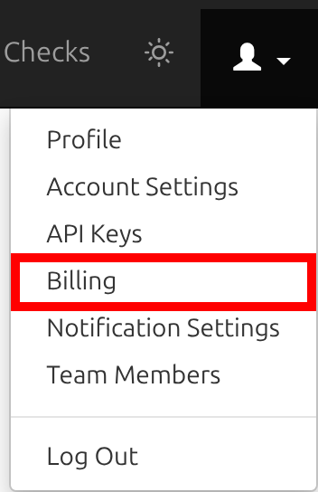 Screenshot of the account menu with the Billing link highlighted