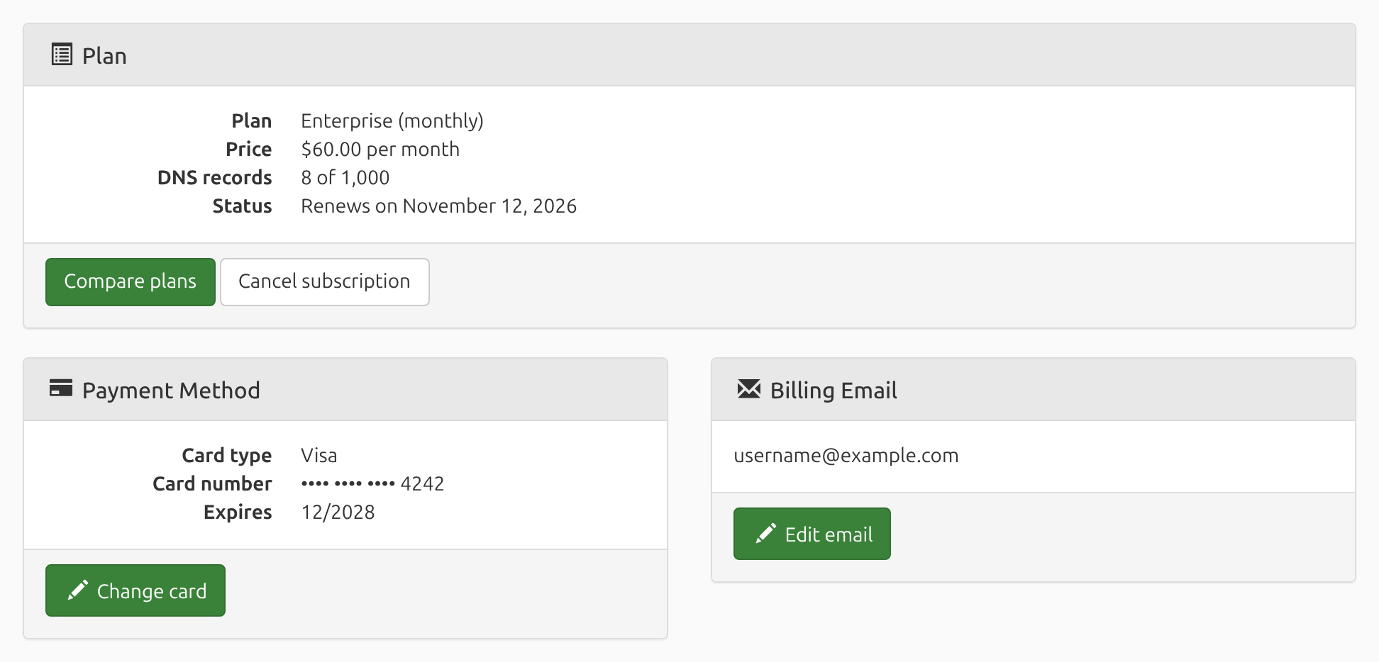 Screenshot of the Billing page's Plan, Payment Method, and Billing Email panels for an Enterprise (monthly) subscription that renews on November 12, 2026