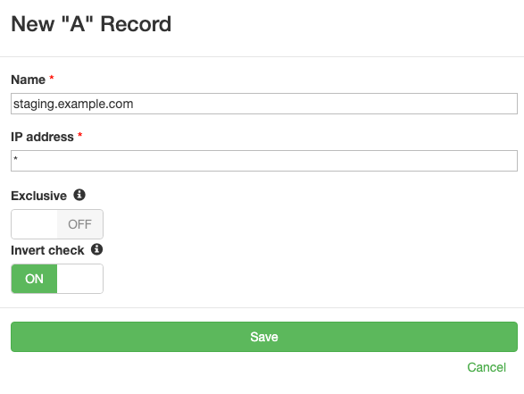 Form showing fields for creating a new monitored DNS record that will trigger a notification as soon as the DNS record is created