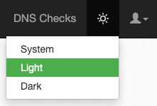 Screenshot of the theme dropdown menu in the DNS Check navigation bar showing the three modes: System, Light, and Dark