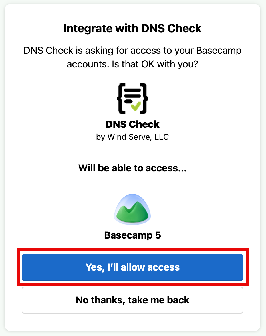 DNS Check / Basecamp Authorization Page