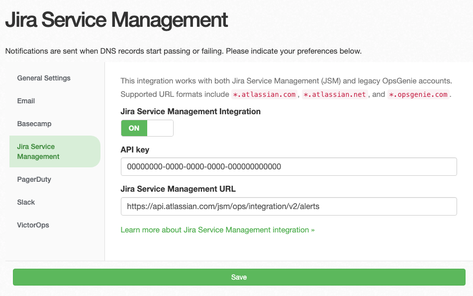 DNS Check Jira Service Management Notification Settings