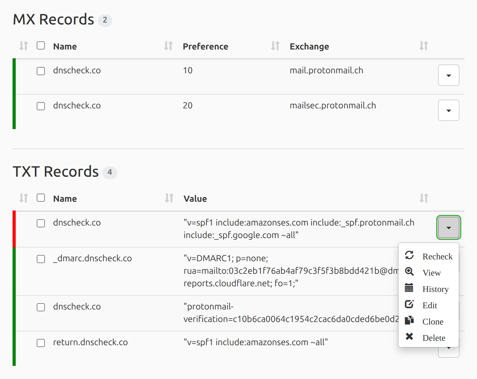 DNS Check report showing MX and TXT records, with a failing TXT record flagged for a missing SPF include