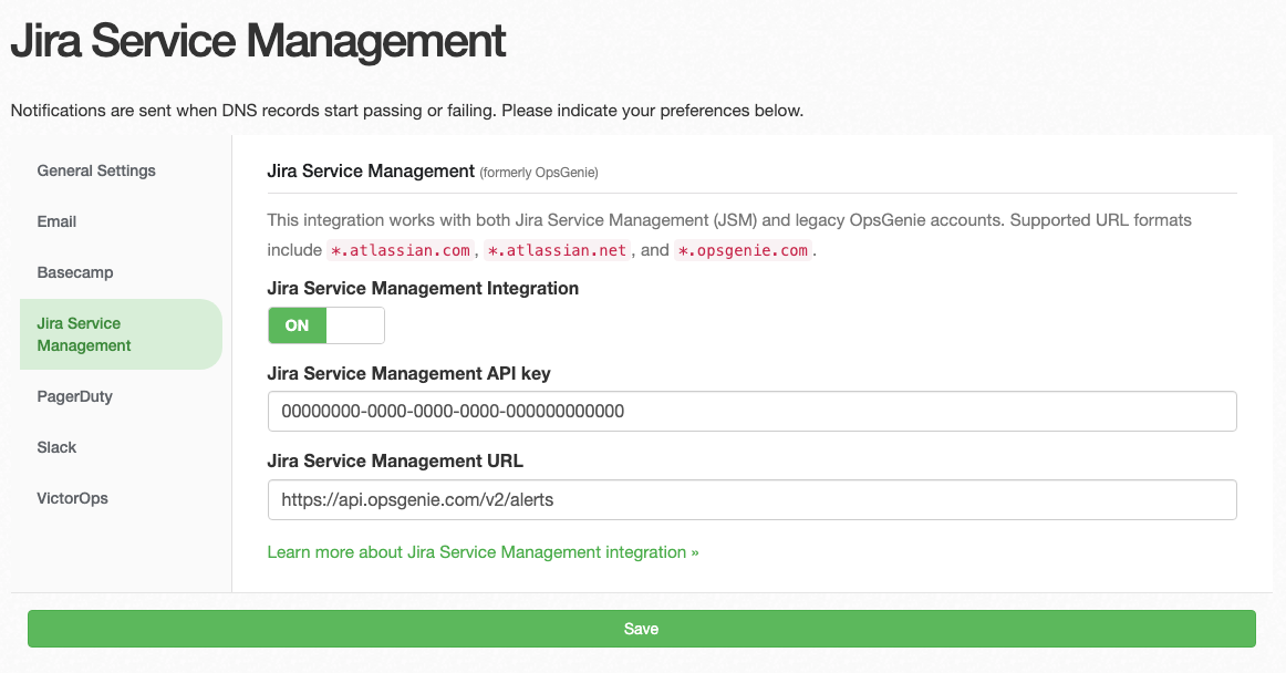DNS Check OpsGenie Notification Settings