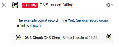 A notification sent by the DNS Check chat bot into Flowdock when a DNS A record check started failing. The information sent includes the DNS record's name, record type, pass/fail status, and which DNS record group it's in