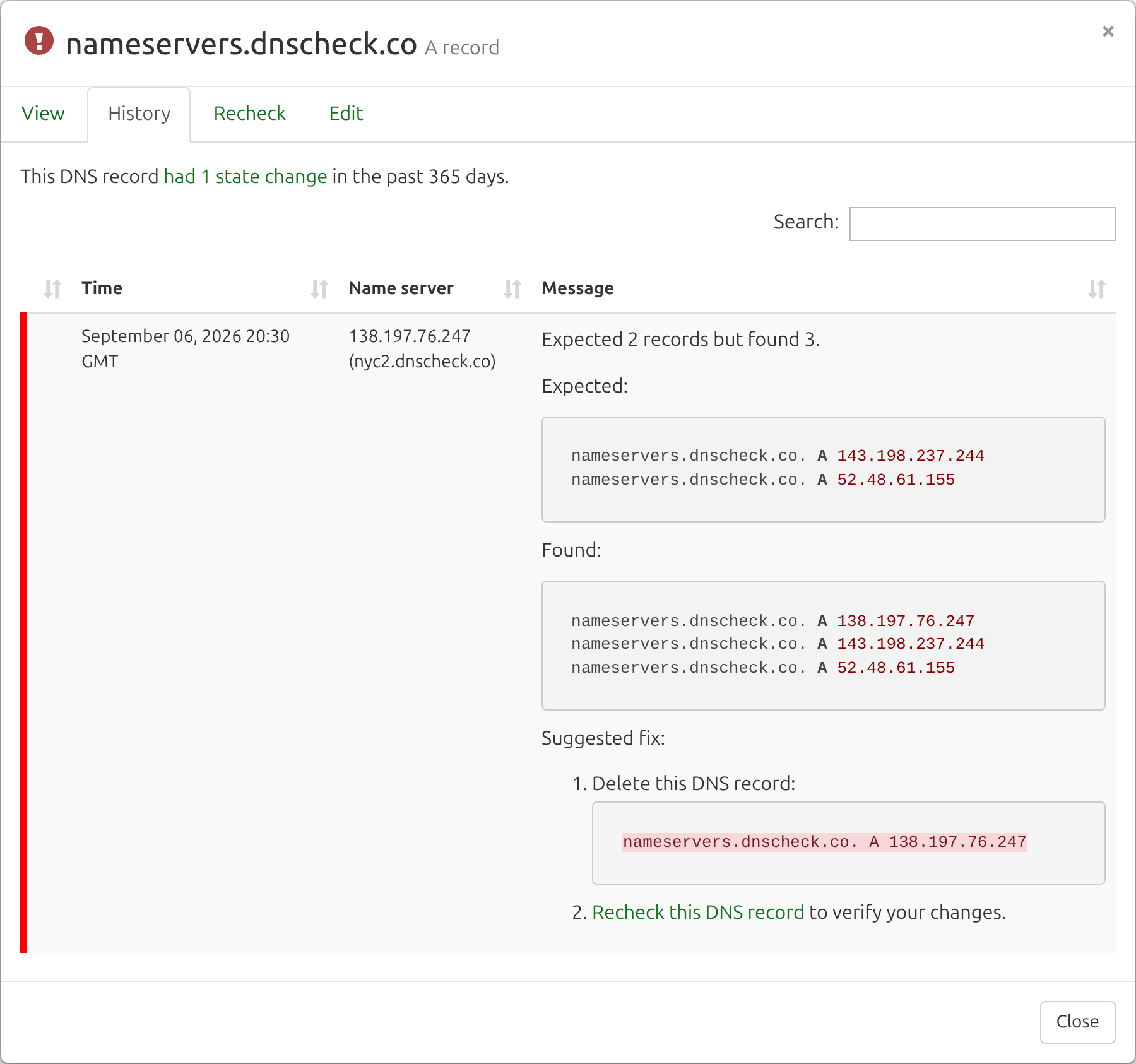 Record history showing an exclusive check failing with Expected 2 records but found 3, the expected and found record lists, and a suggested fix naming the extra record to delete