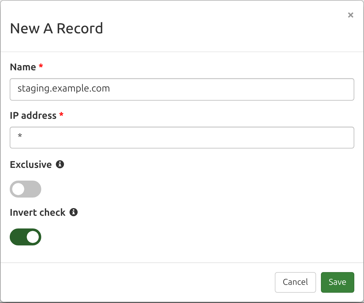New A Record form with a Name of staging.example.com, an IP address of *, and the Invert check switch turned on