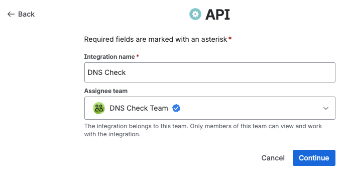 Jira Service Manager Integration: Select an integration name and assign a team