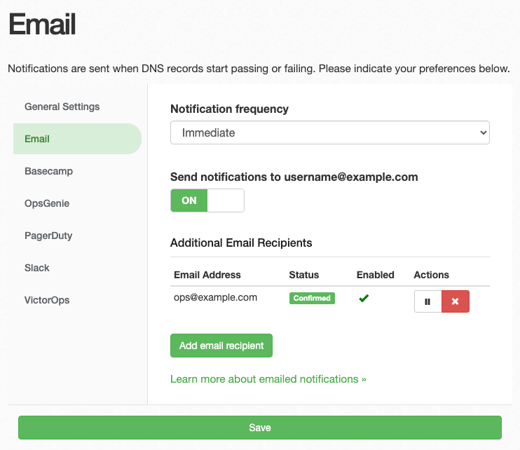 Notification settings page showing a sidebar navigation on the left with Email, Webhooks, Slack, PagerDuty, and other integration options, and the main content area on the right displaying email notification configuration options