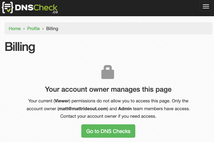 Screenshot showing what a team member sees if they try to access a restricted page