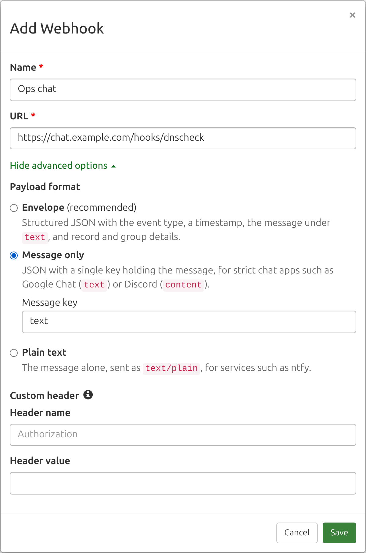 The Add Webhook form with its advanced options shown: the Message only payload format selected with a message key of text, the Envelope and Plain text formats beside it, and fields for an optional custom header